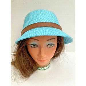 Teal Blue Bucket Hat 100% Paper with brown belt accent